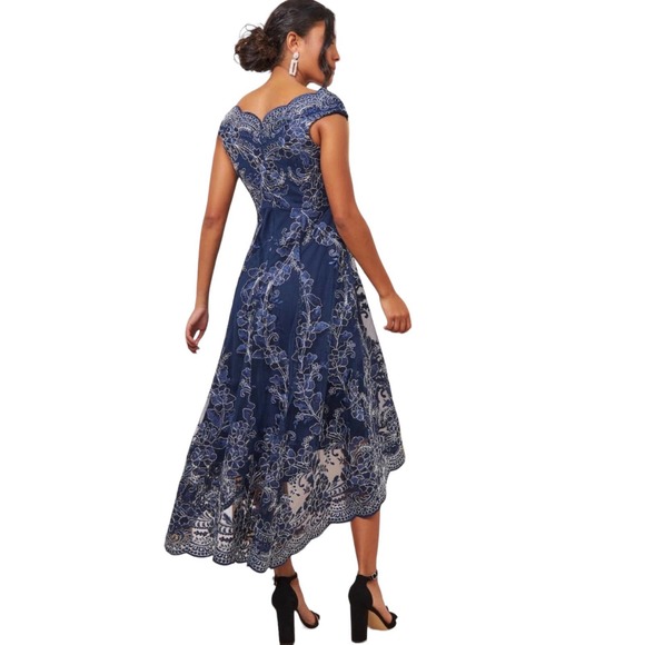 City Goddess London Embroidered Lace Midi Bardot Dip Hem Dress Formal Navy Sz 10 - Picture 5 of 15